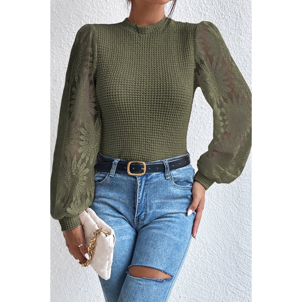Women's Olive Green Sheer Floral Puff Sleeve Waffle Knit Top Size S/M/L/XL